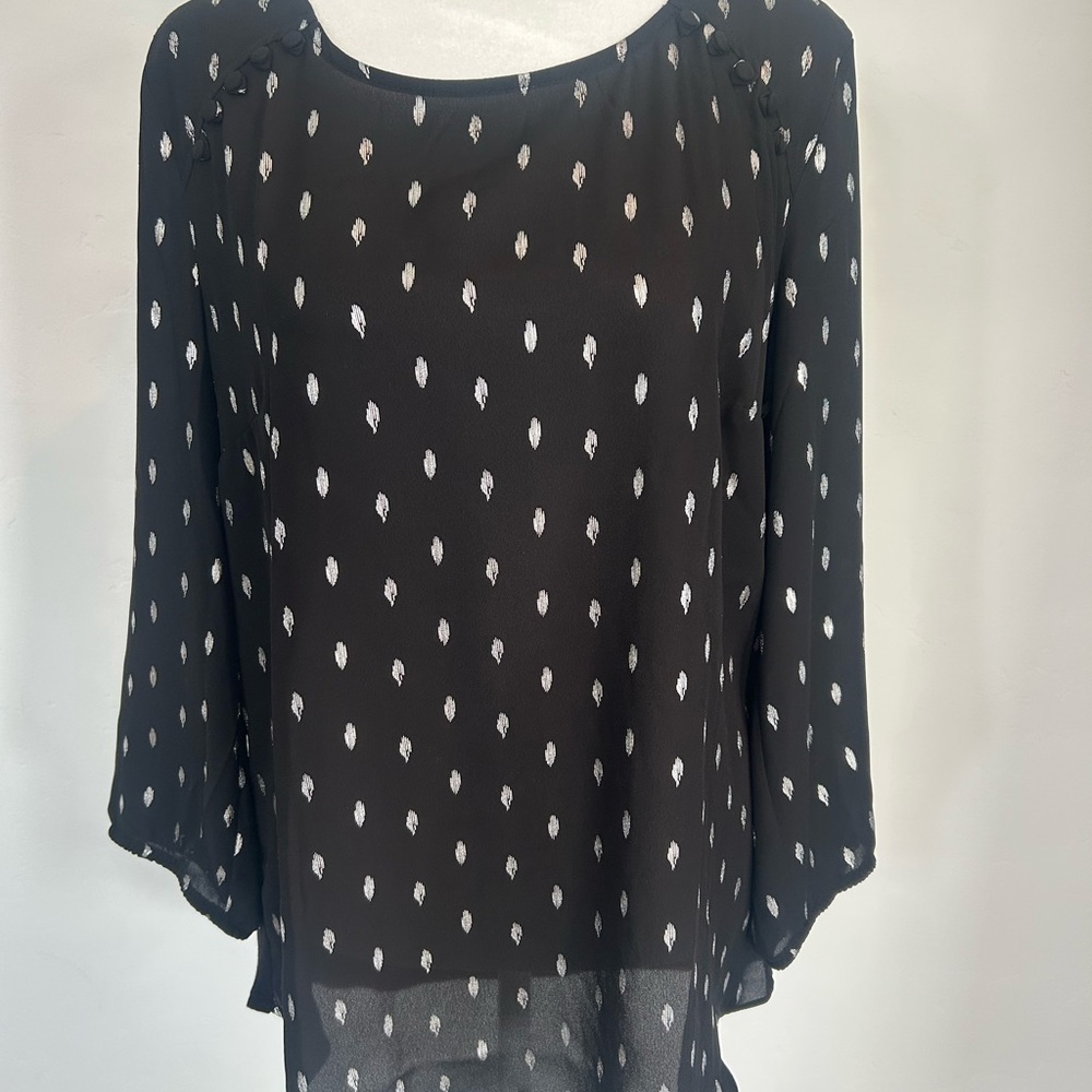 Fortune + Ivy Blouse Medium Black Silver Metallic Dot‎ Long Sleeve Top
